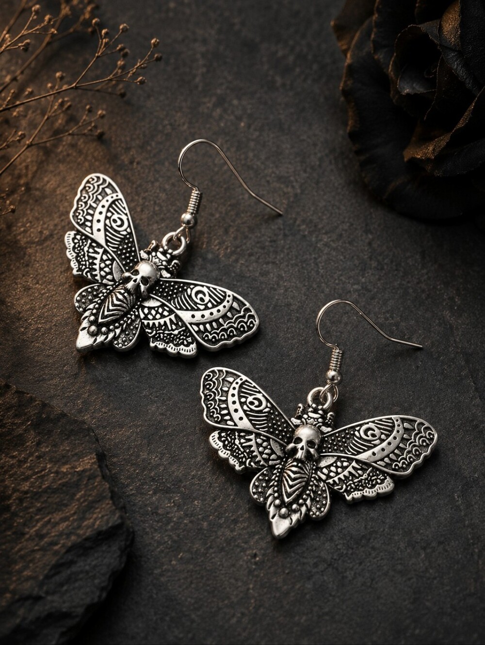 NEW Gothic Skull Death Moth Dangle Earrings